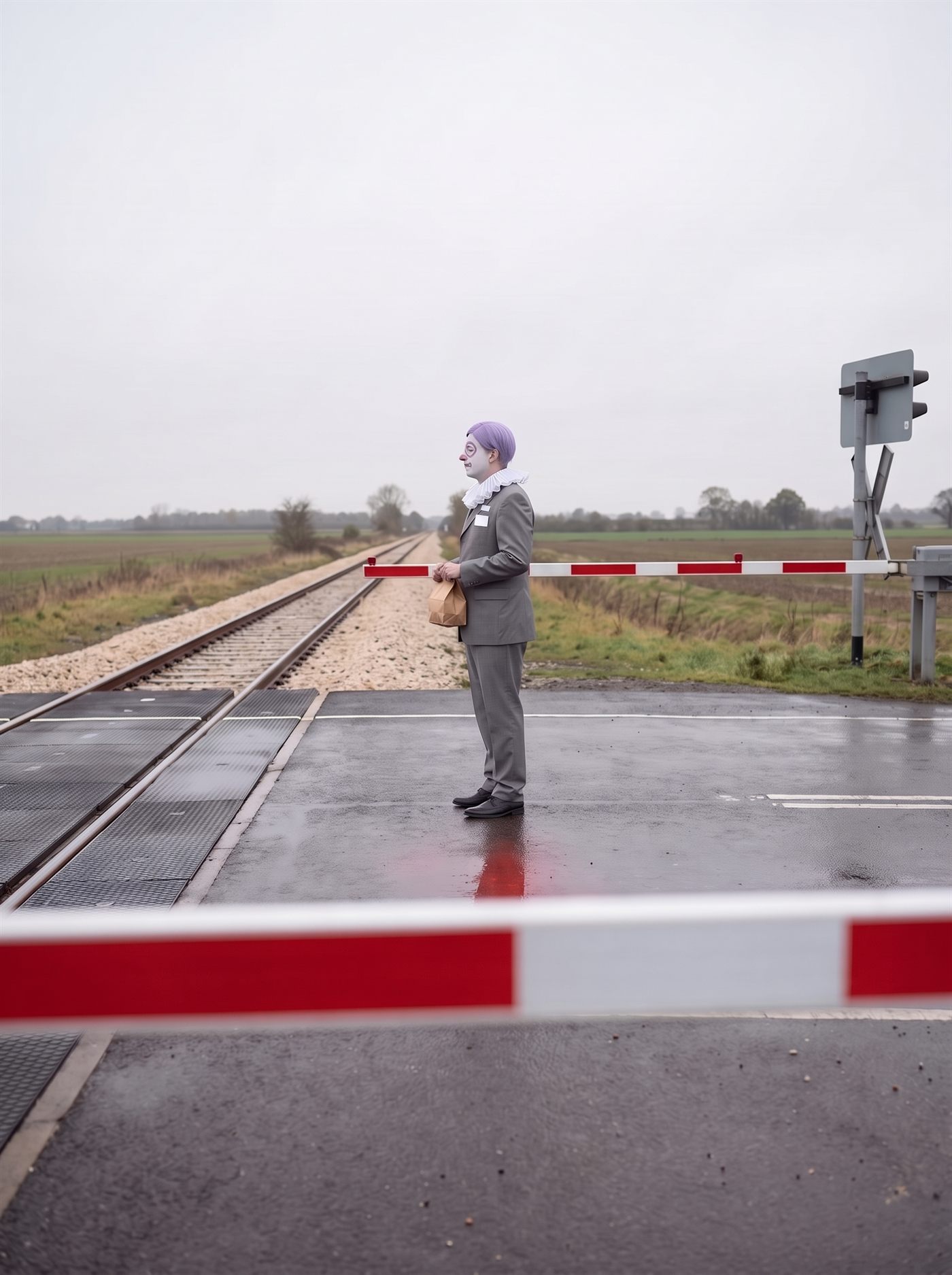 A photograph taken low in the middle of a wet minor road at a level crossing in flat open country, on an overcast afternoon with no shadows in it. A red-and-white barrier arm crosses the very bottom of the frame close to the lens, large and slightly out of focus, running out of both side edges. Beyond it the road is empty and the single railway track crosses and runs away to the left, dead straight, to a vanishing point at the horizon; there is nothing on the line in either direction as far as the picture reaches. A second red-and-white barrier arm, level and sharp, crosses the middle of the frame and also runs out of both side edges, and a plain grey signal post stands at the right. Beyond the far arm, alone on the road, a man in a grey suit half a size too big stands in full profile, small in the frame, facing away down the empty line. He is in heavy clown makeup — white face, a flat pink ring painted around the eye, a pink ball nose, a white ruffled collar and short lavender hair — and he holds a small brown paper bag with its top rolled over once in both hands at his waist. Flat ploughed fields and a low line of bare trees run along the horizon, and the top two thirds of the picture is plain pale grey sky. The red bands of the two barriers are the only strong colour, and the wet tarmac returns a weak red smear of the near one.