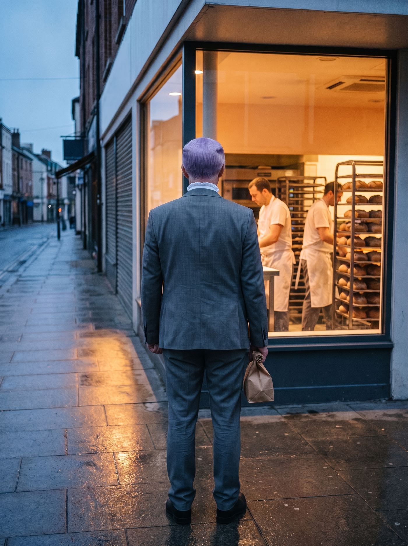 A photograph taken on the pavement of a narrow city street at first light, the sky above the rooflines still the deep flat blue of the half hour before sunrise. On the right, a corner bakery is lit and working behind one tall plate-glass window: steel racks rolled up close to the glass and loaded tray upon tray with pale domed loaves, two bakers in white aprons among them, one lifting a tray, the other turning loaves, neither looking out. The shop door beside the window is shut. In the centre of the frame, seen from directly behind and a little below the camera, a man in a mid-grey suit and a white ruffled collar stands square to the glass, close to it, his back to the lens and only the back of his short lavender head visible. A small brown paper bag with its top rolled over once hangs from his closed right fist at his side. To the left the street runs away completely empty between shuttered shop fronts, its wet flagstones carrying one long soft smear of the window's gold back toward the camera. The lit window is the only warm colour anywhere in a picture that is otherwise cold blue-grey.