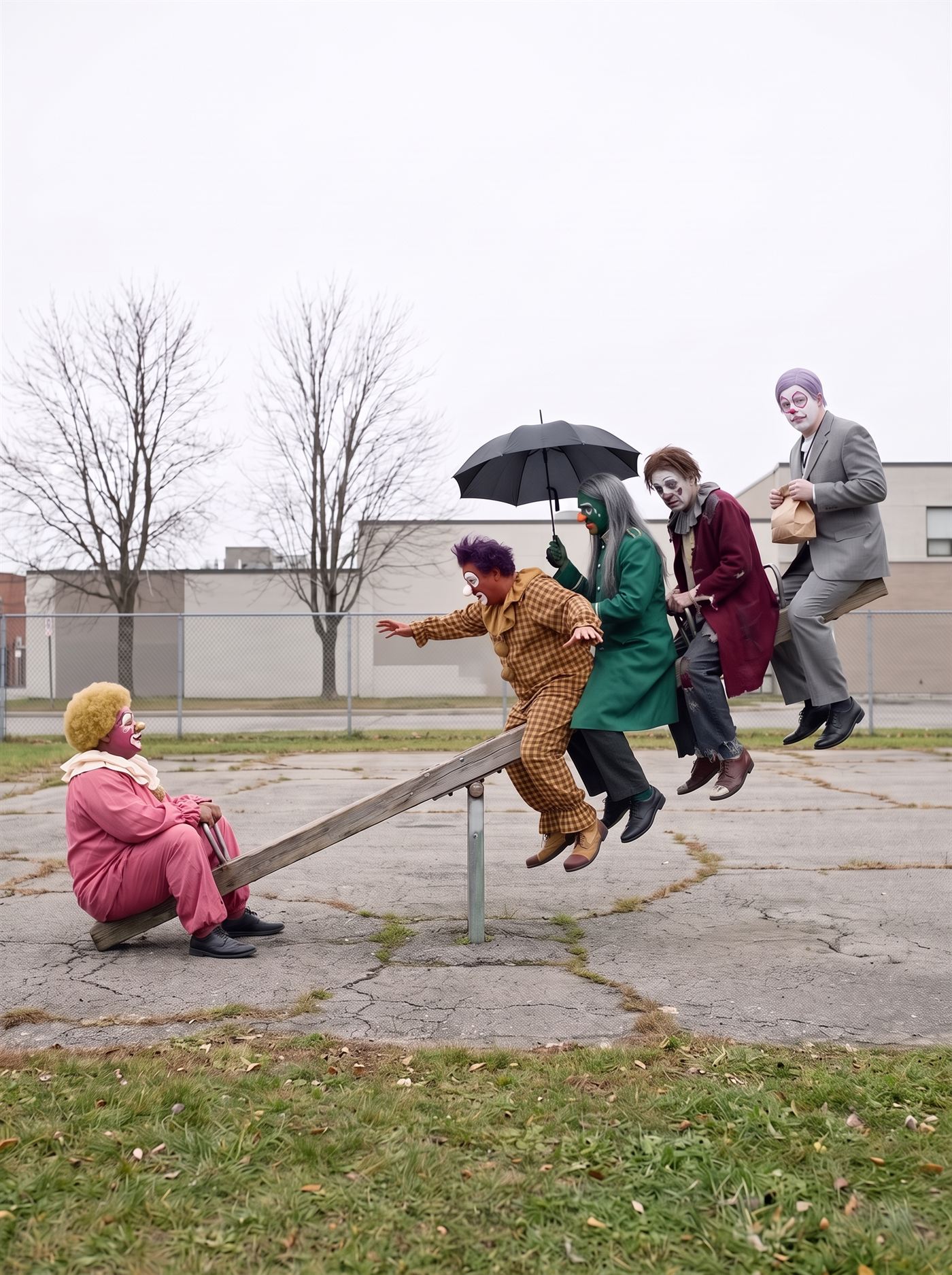 A photograph taken side on across a bare municipal playground of cracked asphalt and patchy grass, under a flat white overcast sky, with a chain-link fence and bare trees behind. A single long plank seesaw runs across the frame from the lower left to the upper right. Its left end rests on the ground, held down by one man sitting alone on it: a heavy man in a rose-pink costume with a big cream ruffled collar and a gold afro, his face in rose greasepaint, sitting square and easy with his hands on his knees and both feet flat on the asphalt, looking up the length of the plank. Its right end is high in the air with four men crowded onto it, every one of their feet clear of the ground with daylight underneath. Nearest the pivot, a heavyset man in a mustard-and-brown check costume with wild purple hair and a white painted muzzle is flung forward with one arm out, an instant from falling. Behind him a green-faced man with long grey hair and a jade coat sits perfectly upright holding an open black umbrella above his head. Behind him a gaunt man with a cracked white face and a torn burgundy coat grips the plank and looks down at the ground. Furthest out on the very end sits a man in a mid-grey suit, his face in white greasepaint with flat rose-pink rings painted around both eyes and a pink ball nose, his short lavender hair combed flat, a small brown paper bag with its top rolled over once held in both hands in his lap. Nobody looks at the camera.