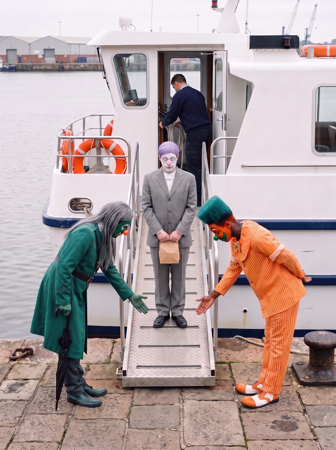A photograph of a small harbour on an overcast day, taken from the stone quay beside a white passenger ferry with a dark blue stripe along its hull and orange lifebuoys on its rail. A narrow metal gangway with handrails runs down from the ferry's open side door to the quay. In the doorway a deckhand in a navy jumper is turned away, coiling a rope. At the foot of the gangway two clowns are caught in the same deep bow, facing each other across it, each sweeping one hand low toward the gangway as if to say after you. On the left is a man in full jade-green face paint with long straight grey hair falling forward, a round orange nose and a long jade coat, a furled black umbrella in his other hand. On the right is a man with an orange painted face, black and white chevrons over his eyes, a green nose and a green painted smirk, a tall square teal wig and an orange-and-white pinstriped suit. Standing on the gangway itself, halfway up and facing the quay, between the two of them, is a man in an off-the-rack grey suit with a white collar and a badge on a lanyard: a white-painted face, flat pink rings painted around his lowered eyes, a round pink ball nose, short lavender hair. He holds a small brown paper bag, its top rolled over, in both hands at his waist. Across the water behind them are low warehouses and cranes.