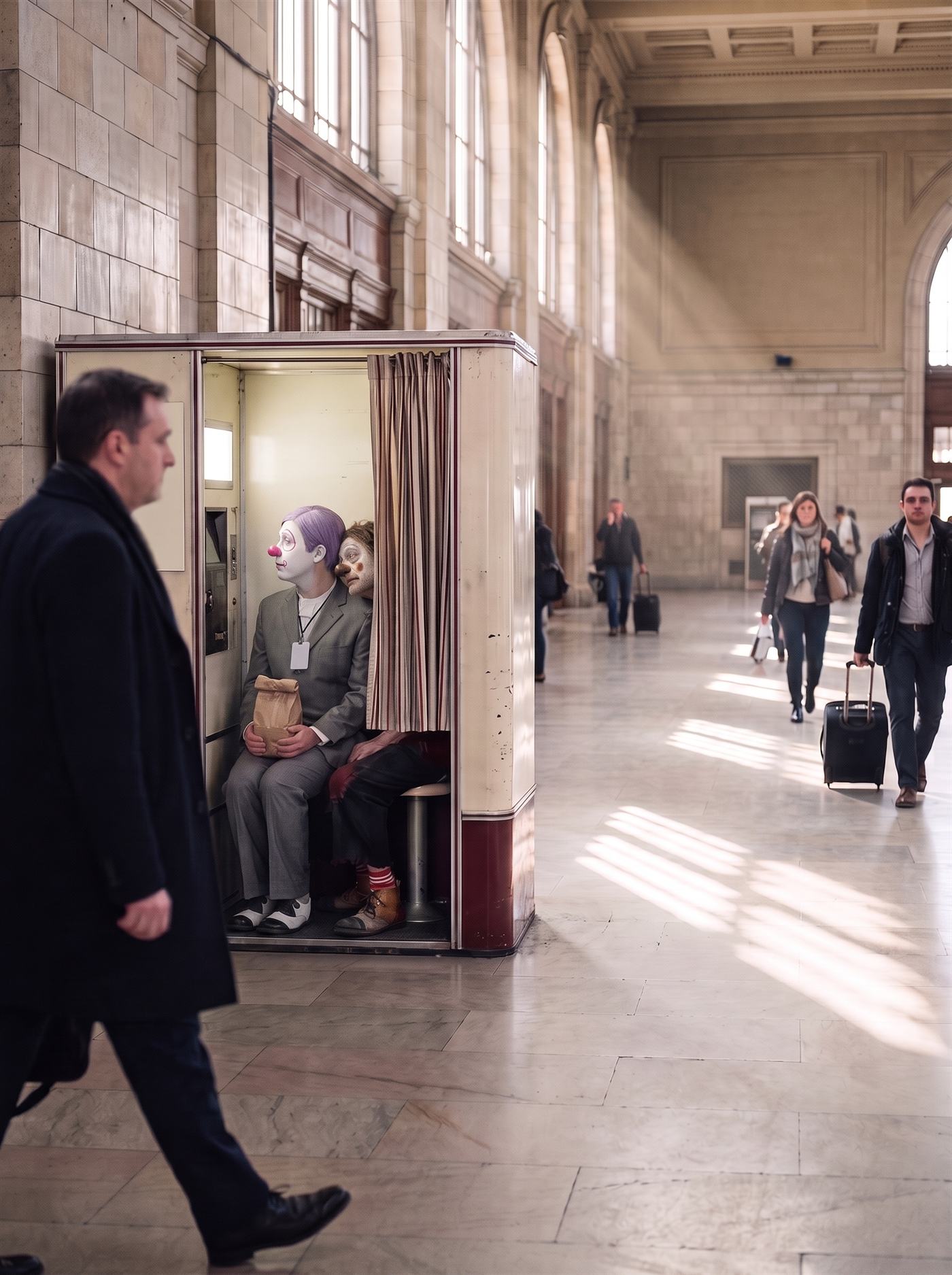 A photograph of the concourse of a big old railway station on a bright morning, tall arched windows along one side letting long shafts of dusty sunlight slant across a pale stone floor, travellers with suitcases walking through the hall in the distance. In the left foreground a man in a dark overcoat strides past, blurred. Against the stone wall stands a cream-and-maroon photo booth with a striped curtain half drawn, lit from inside, and squeezed together on its one small stool, turned toward the dark camera window in the booth's side wall, are two clowns, seen from the side. Nearer the window sits a man in a grey suit: a white-painted face in profile, a flat pink ring painted around his open eye, a round glossy pink ball nose, a small pink mouth ending in a curl, short lavender hair and a blank white badge on a lanyard. He holds a small brown paper bag, its top rolled over, in both hands on his lap and looks straight into the camera window. Behind him the older clown, with cracked ash-white paint, a brown ball nose, a copper mark on one cheek and matted rust-brown hair, has let his head rest against the younger man's shoulder. Nobody in the hall is looking at them.