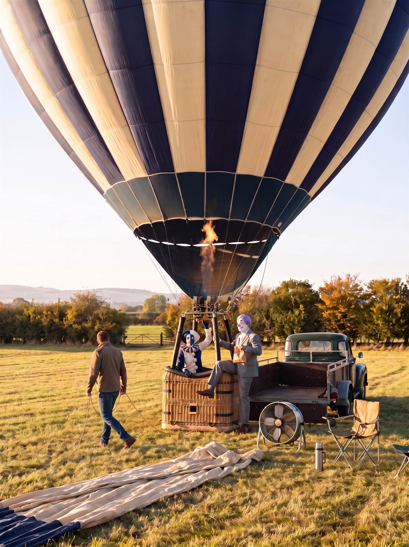 A photograph of a big hot-air balloon that has just landed in a mown field in low golden evening light. Its envelope, of broad vertical panels alternating cream and deep indigo, fills the top of the frame, a short orange flame burning at its mouth. Below it the wicker basket sits on the grass right beside an old dark-green pickup truck with an open, empty trailer, a big inflation fan on a frame, two folding camp chairs, a thermos flask, and a long canvas ground sheet stretched across the foreground. In the basket a woman in clown makeup, her face split down the middle, white on one side and indigo on the other, with a cream-and-indigo ruff, reaches up to the burner and looks up into the balloon. Beside her a man in a grey suit is climbing out over the rim, one leg over the side, holding a small brown paper bag with its top rolled over; he has a white-painted face, a painted ring around his eye, a round glossy pink ball nose and short lavender hair, and he is turning toward her with a small smile. On the left a man in a fleece jacket walks toward the basket holding a rope. Behind them a hedgerow of trees turning gold, a field gate and low hazy hills.