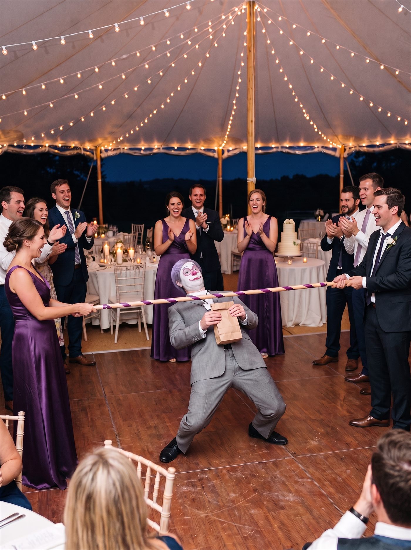A photograph taken at a wedding reception at night, inside a white marquee strung with long swags of small warm bulbs, the deep blue of the evening showing through its open sides. On a wooden dance floor a bridesmaid in a long deep-violet satin dress, on the left, and a groomsman in a dark suit, on the right, hold the two ends of a limbo bar wound with purple and white ribbon, at about the height of their waists. Under it a man in a grey suit is bent back with his knees deep and his shoes planted wide, holding a small brown paper bag against his chest in both hands, his face tipped up toward the bar: a white-painted face, thin pink rings painted around his open eyes, a round glossy pink ball nose, a painted smile and short lavender hair, a blank badge on a lanyard. A ring of guests in suits and dresses, two more bridesmaids in violet among them, clap and laugh. Behind them stand round tables with white cloths and candles and a tall white wedding cake; in the foreground, out of focus, the back of a guest's head and a pair of clapping hands.