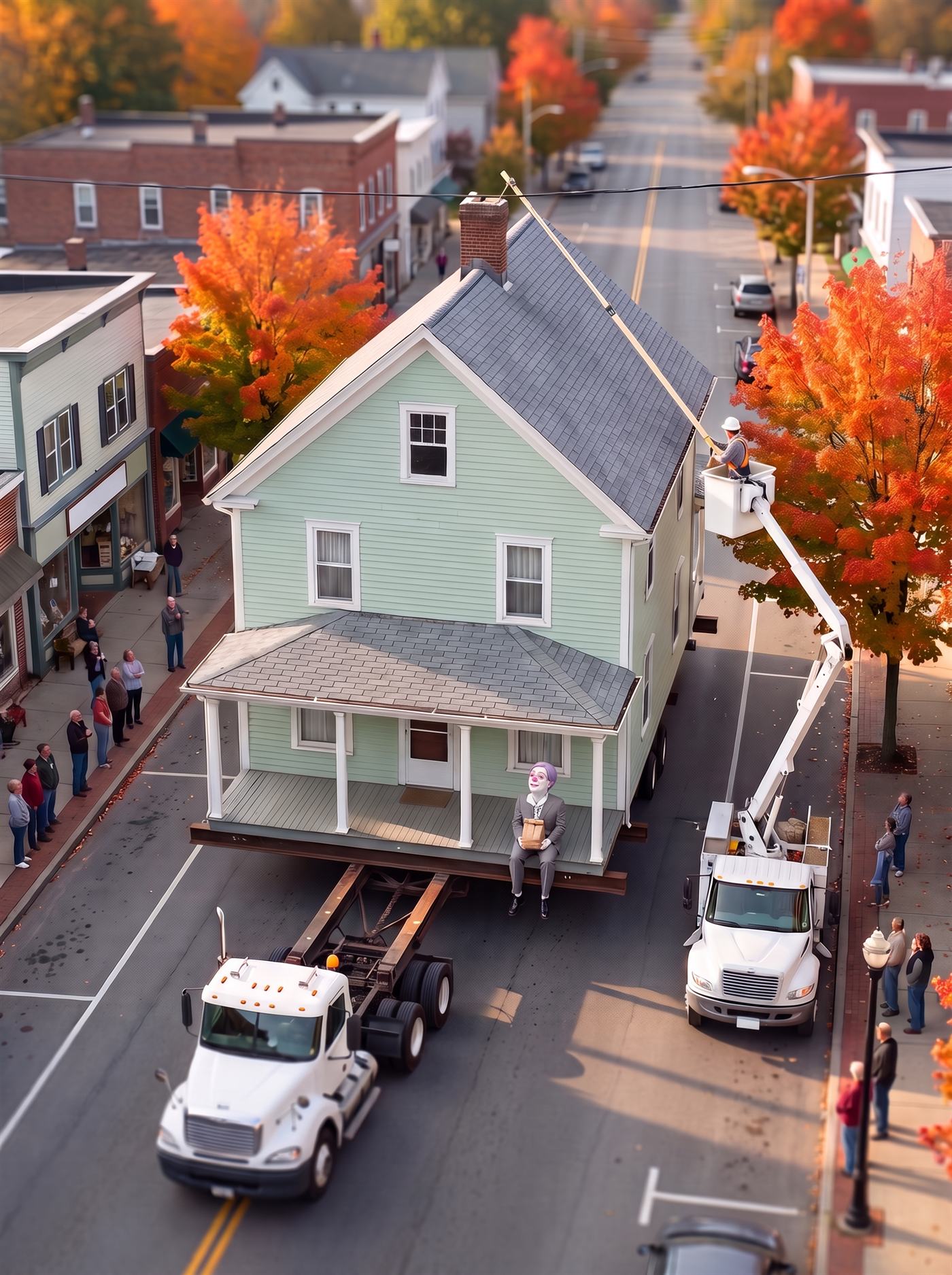 A photograph taken from an upstairs window above a small-town main street on an October morning, made with a tilt-shift lens, so that only a band across the middle is sharp and the real street looks like a model. In the middle of the road a whole two-storey house, pale mint-green clapboard with white trim and a grey shingled roof, rides on long steel beams behind a white tractor unit, so wide that it fills the street. On the right, a lineman in the raised bucket of a white utility truck holds a black power line up on a long pale pole, just above the house's brick chimney. Maples blaze orange and red along both pavements, where townspeople stand and watch. On the front edge of the house's porch, his legs hanging over the beams, sits a small man in a grey suit with a brown paper bag on his knees, looking up at the wire: a white-painted face, thin pink rings painted around his eyes, a round pink ball nose, short lavender hair and a white ruffled collar.