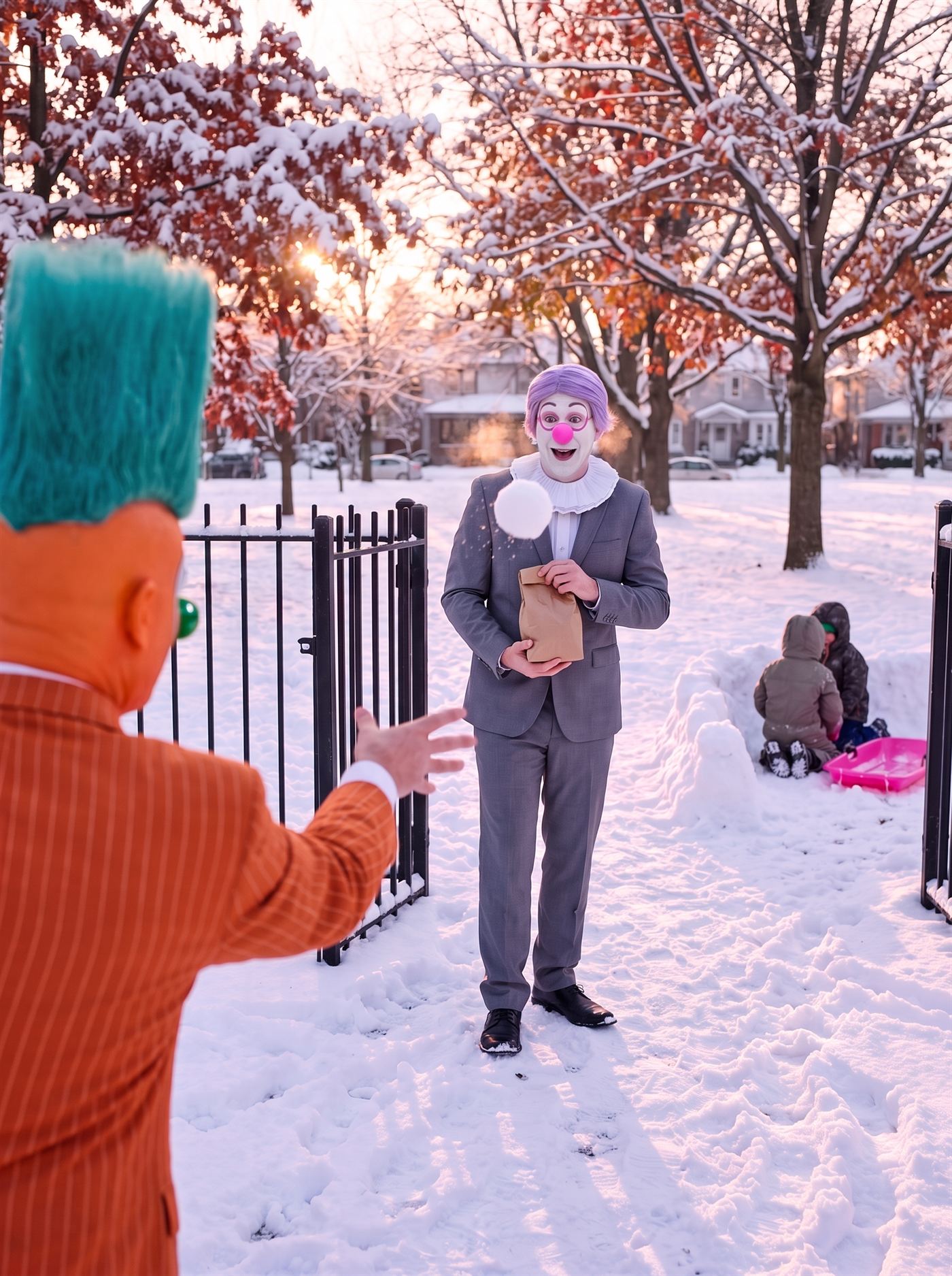 A photograph of a small-town park just after sunrise on the morning of the first snow. The maples still hold their red and orange leaves under white caps of snow, the low sun shines pink-gold through the branches, and the trampled snow glows pink. In the left foreground, seen from behind and out of focus, a clown in an orange pinstripe suit with a tall rectangular teal wig has just thrown a snowball, his arm still outstretched, the edge of a green ball nose showing past his orange cheek. The snowball hangs in mid-air in front of a small man in a grey suit who has just stepped through an open black iron gate, a brown paper bag held at his waist in both hands: a white-painted face, thin pink rings painted around his wide-open eyes, a round pink ball nose, his mouth open in delight, short lavender hair and a white ruffled collar. On the right, two children in snowsuits crouch behind a half-built snow wall beside a bright pink plastic sledge, paying no attention. Snow-roofed houses stand out of focus beyond the railings.