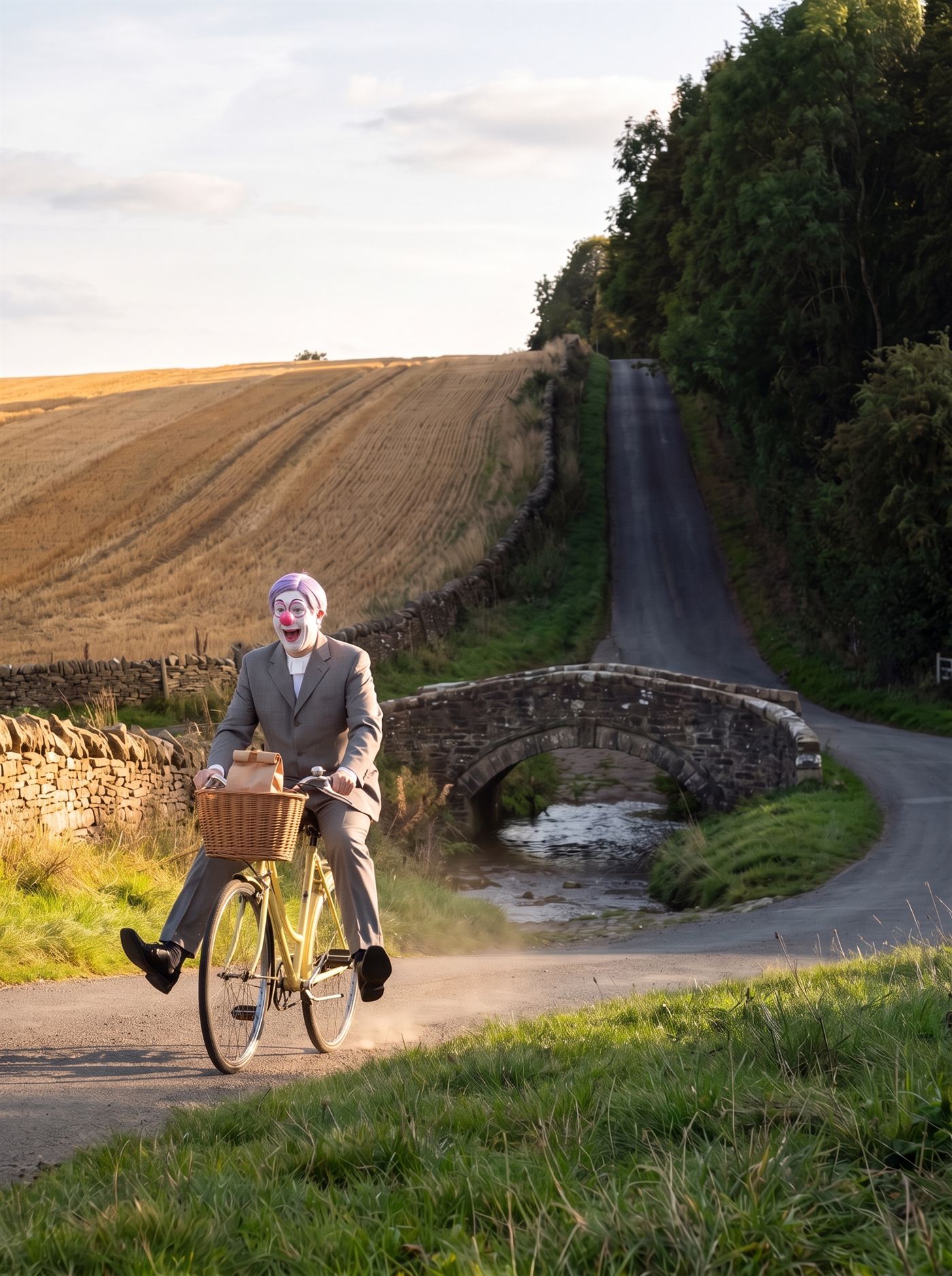 A photograph of a narrow country lane on a clear October afternoon. Behind, a golden stubble field slopes away to the left, and a steep, narrow lane drops straight down a hillside between a drystone wall and a line of dark trees to a small humped stone bridge over a bright, shallow stream. On the near side of the bridge, coming toward the camera in the low sun, a small man in a grey suit rides an old pale lemon-yellow bicycle with a wicker basket on the front and a brown paper bag upright in it. He is freewheeling, both feet in black shoes stuck out sideways off the pedals, a little dust lifting from the lane behind his back wheel. His face is painted white, with thin pink rings painted around his eyes, a round pink ball nose and a wide, open-mouthed grin, under short lavender hair.