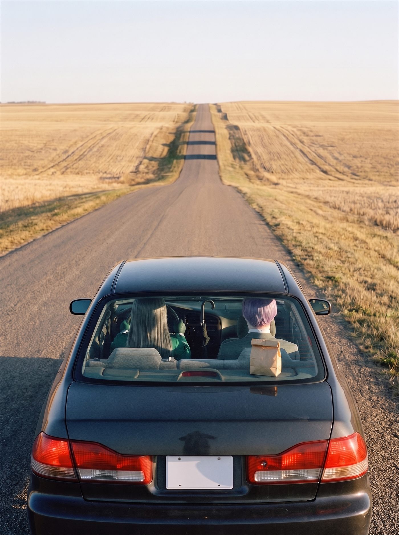 A photograph taken from a few paces behind and slightly above a dark saloon car standing still on a narrow two-lane road, which runs dead straight away from the camera across flat open prairie of pale gold stubble. It is late afternoon and the sun is low off to the left. Ahead of the car the road goes gently down into a shallow valley and then climbs the far side in one long straight slope to a far top edge that stands at the same height as the ground the car is parked on, with nothing beyond it but pale sky. Three dark bars of shadow lie straight across the road in the middle distance, evenly spaced and the same width as one another. The car's rear lights are lit red and its number-plate recess is a blank white rectangle. Through the rear glass both occupants are seen from above and behind, the backs of their heads to the camera. In the driver's seat on the left a figure sits perfectly upright in a deep jade-green coat buttoned to the throat, long straight gunmetal hair hanging flat past the shoulders, both hands resting on the top of the steering wheel. In the front passenger seat on the right a man sits upright and very still: a short lavender wig combed flat, a clear band of bare white neck below it, a small white ruffled collar and the grey shoulders of a suit, his head level, facing down the road. Standing upright between the two front seats is a tightly furled black umbrella. On the parcel shelf under the rear glass, in the corner behind the man's shoulder and nearer the camera than either head, stands a small plain brown paper bag with its top rolled shut and no handles. The sky above the whole scene is completely clear.