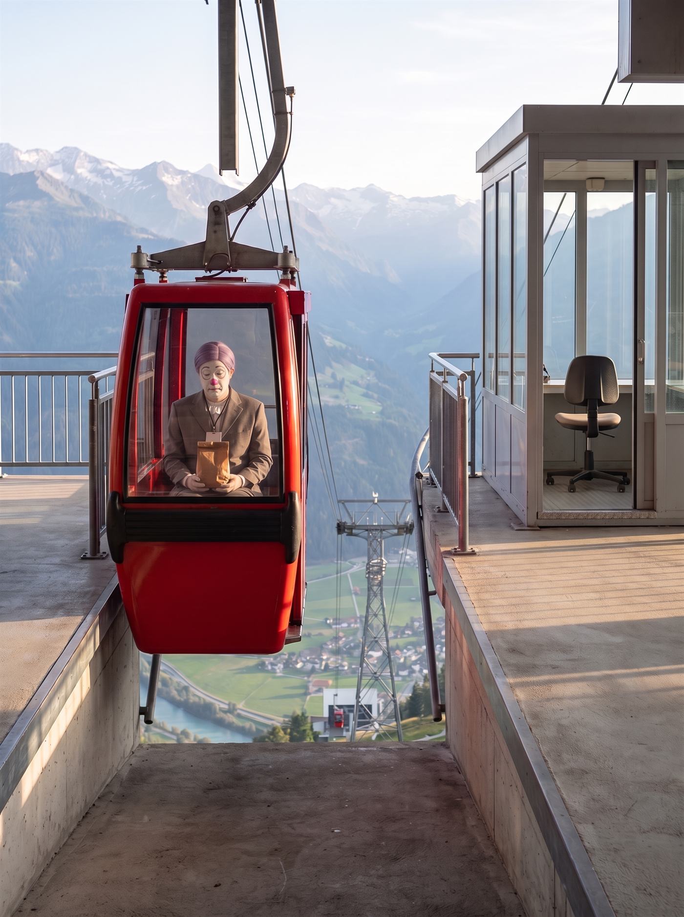 A photograph taken on the open arrival platform of a mountaintop cable-car station late on a clear afternoon. A small bright-red gondola hangs from its steel arm just beyond the platform's edge, arriving. Through its front window a man sits alone on the bench: a white-painted face, flat pink rings painted around his lowered eyes, a round pink ball nose, short lavender hair, a grey suit, a white ruffled collar and a blank badge on a lanyard, with a small brown paper bag, its top rolled over, in both hands on his lap. To the right stands a small glass control booth with an empty office chair inside, and there is nobody on the platform. Behind the gondola the cable drops away steeply past a steel pylon to a small station on the floor of a green valley far below, where a village and a river lie in the haze and a second red gondola waits at the bottom; snow-streaked mountains fill the distance.