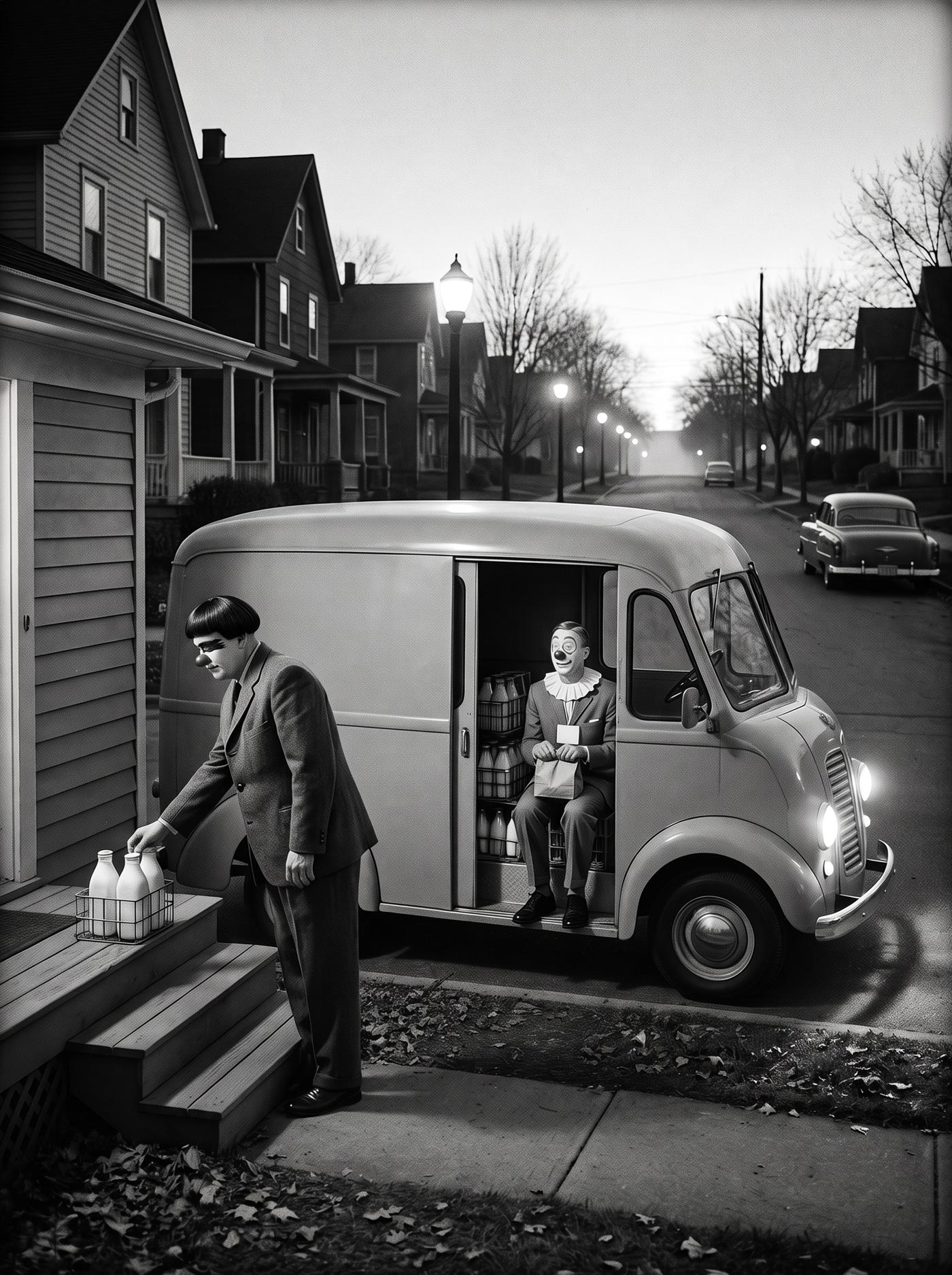 An old black-and-white photograph, grainy like film, of a quiet street of clapboard houses at dawn. The street lamps are still lit down both sides of the road, the trees are bare, a rounded 1950s sedan is parked at the kerb, and the sky at the far end is just turning pale. In the foreground a rounded 1950s milk delivery van stands at the kerb with its headlamps on and its side door slid open, crates of glass milk bottles stacked inside. On the left a man in clown makeup — a black bowl-cut wig, a dark painted stroke across his eyes, a round dark ball nose, a grey suit — leans over a porch step, setting a wire carrier of milk bottles down beside the front door. In the van's open doorway a man in a grey suit sits on the step with a small paper bag on his knees: a white-painted face, painted rings around his eyes, a round glossy ball nose, a small smile, a white ruffled collar and a blank badge on a lanyard. Fallen leaves lie on the lawn and the pavement.